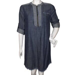 new TRINA TURK Mini Dress, M, Chambray/Denim Look, Fringe hem, roll Sleeves Blue